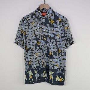 Vintage 90s Bugle Boy Authentics Hawaiian Rayon Shirt Medium Hula Tropical Blue